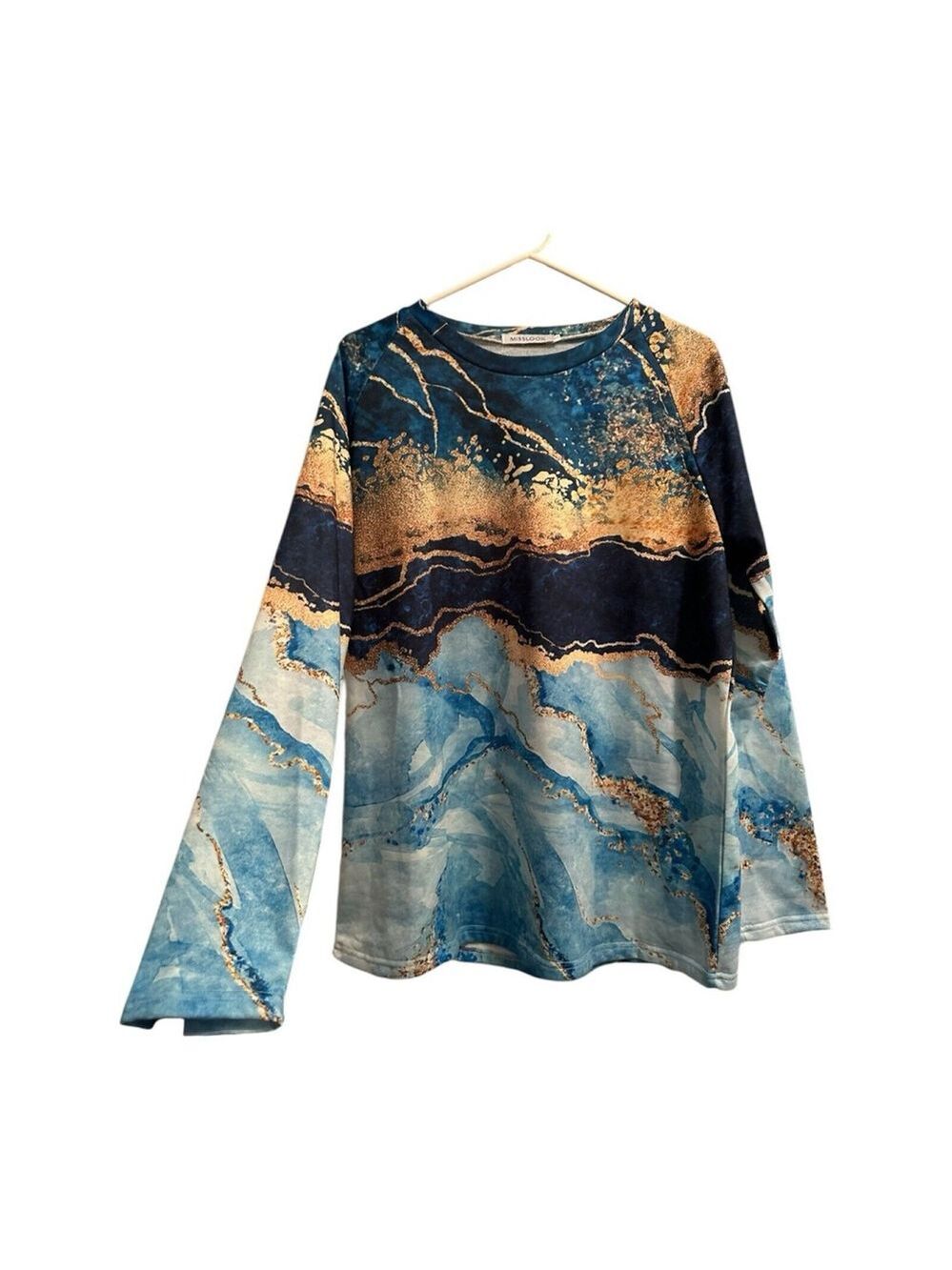 Misslook Hippie Marbled Shirt Teal & Gold Beach Wave Vibe Long Sleeve Womens XL